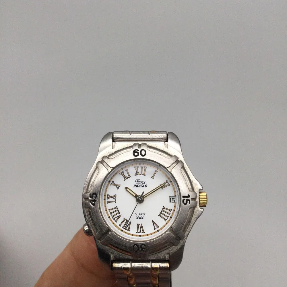 Timex Indiglo Womens Watch 28mm White Dial Two Tone Bracelet New Battery 5.5